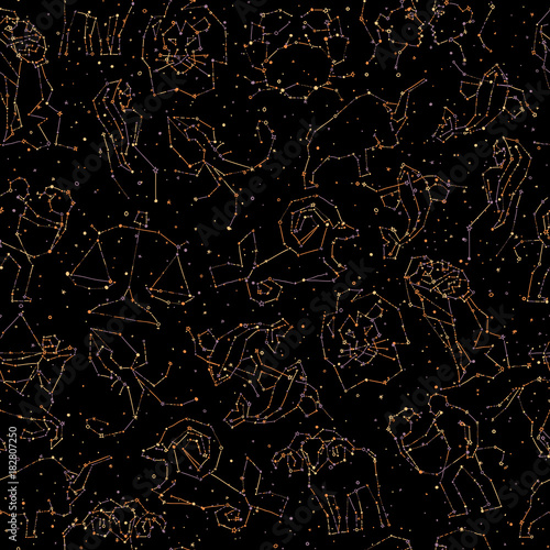 Horoscope hand draw seamless pattern, all Zodiac signs in constellation style with line and stars on endless background. Doodle background of starry zodiac symbols