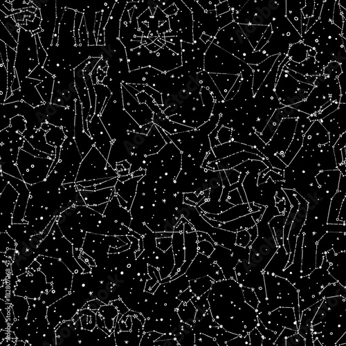 Horoscope hand draw seamless pattern, all Zodiac signs in constellation style with line and stars on endless background. Doodle background of starry zodiac symbols