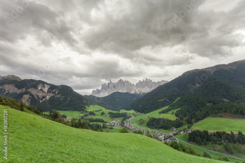 Small Italian little town of St. Magdalena in Val di Funes in wonderful natural environment