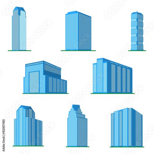 Set of eight modern high-rise building on a white background. View of the building from the bottom. Isometric vector illustration. 