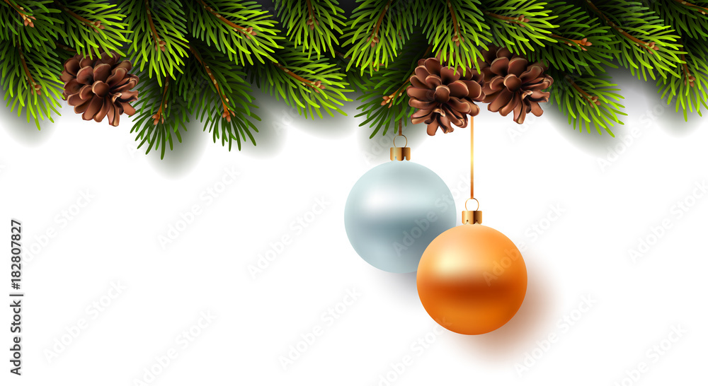 Christmas decoration with fir branches and cones on white background