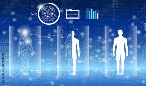 abstract background technology concept in blue light,human body heal,technology modern medical science in future and global international medical with tests analysis clone DNA human