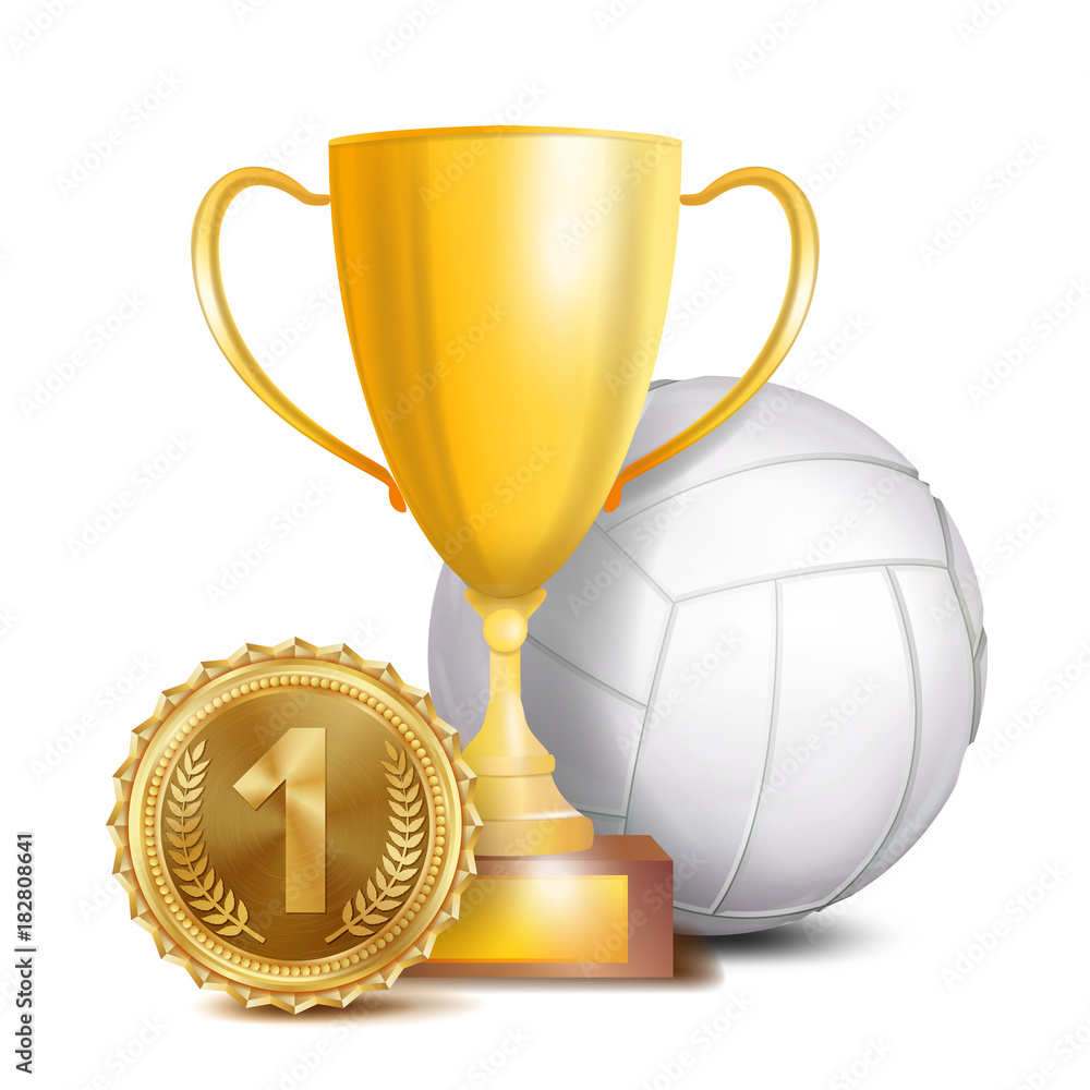 Volleyball Award Vector. Sport Banner Background. White Ball, Gold