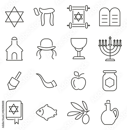 Judaism Religion & Religious Items Icons Thin Line Vector Illustration Set