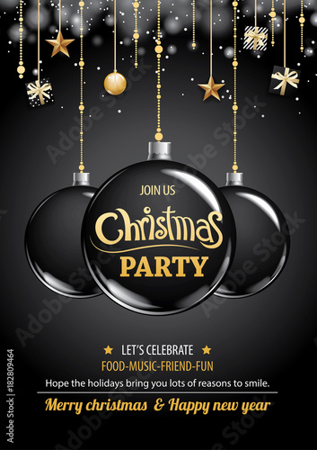 Merry christmas party and ball on dark background invitation theme concept. Happy holiday greeting banner and card design template.