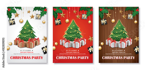 Invitation merry christmas party poster banner and card design template. Happy holiday and new year tree and gift boxes theme concept..