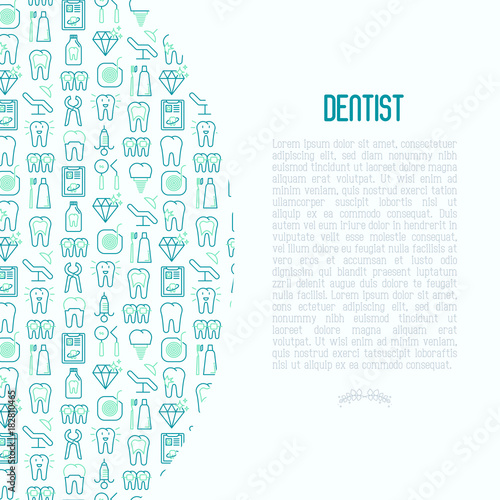 Dentist concept with thin line icons of tooth, implant, dental floss, crown, toothpaste, medical equipment. Modern vector illustration for banner, web page, print media.