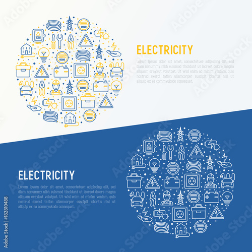 Electricity concept in circle with thin line icons: electrician, bulb, pylon, toolbox, cable, electric car, hand, solar battery. Vector illustration for banner, web page, print media.