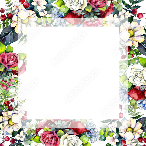 Bouquet flower frame in a watercolor style. Full name of the plant: bouquet. Aquarelle wild flower for background, texture, wrapper pattern, frame or border.