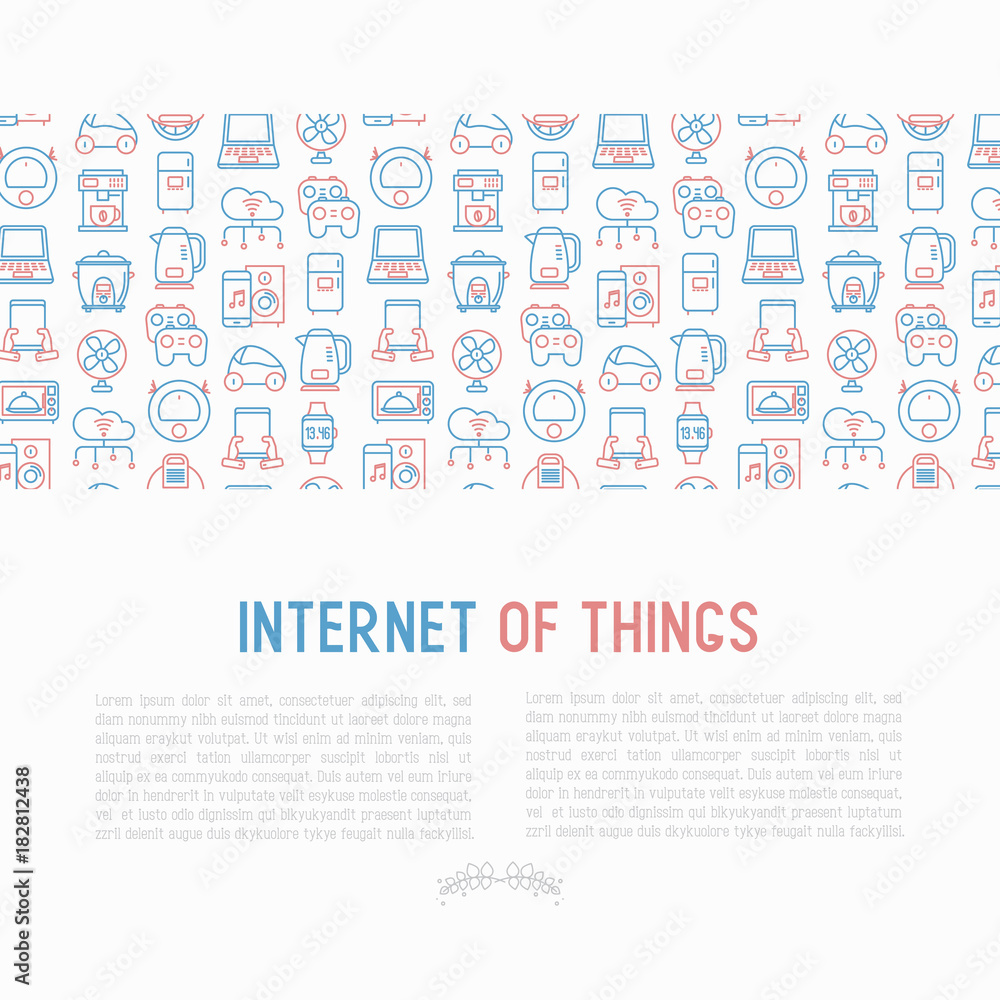 Internet of things concept with thin line icons: laptop, smart watch, cloud computing technology, kettle, speaker, smart car, robot vacuum. Vector illustration for banner, web page, print media. Internet of things concept with thin line icons: laptop, smart watch, cloud computing technology, kettle, speaker, smart car, robot vacuum. Vector illustration for banner, web page, print media.