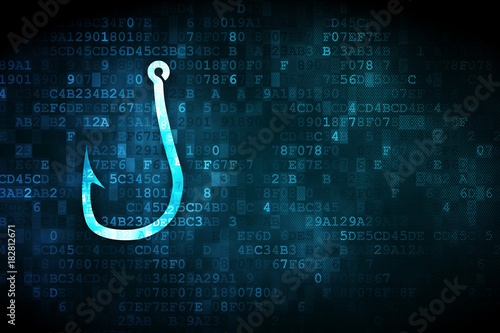 Privacy concept: pixelated Fishing Hook icon on digital background, empty copyspace for card, text, advertising