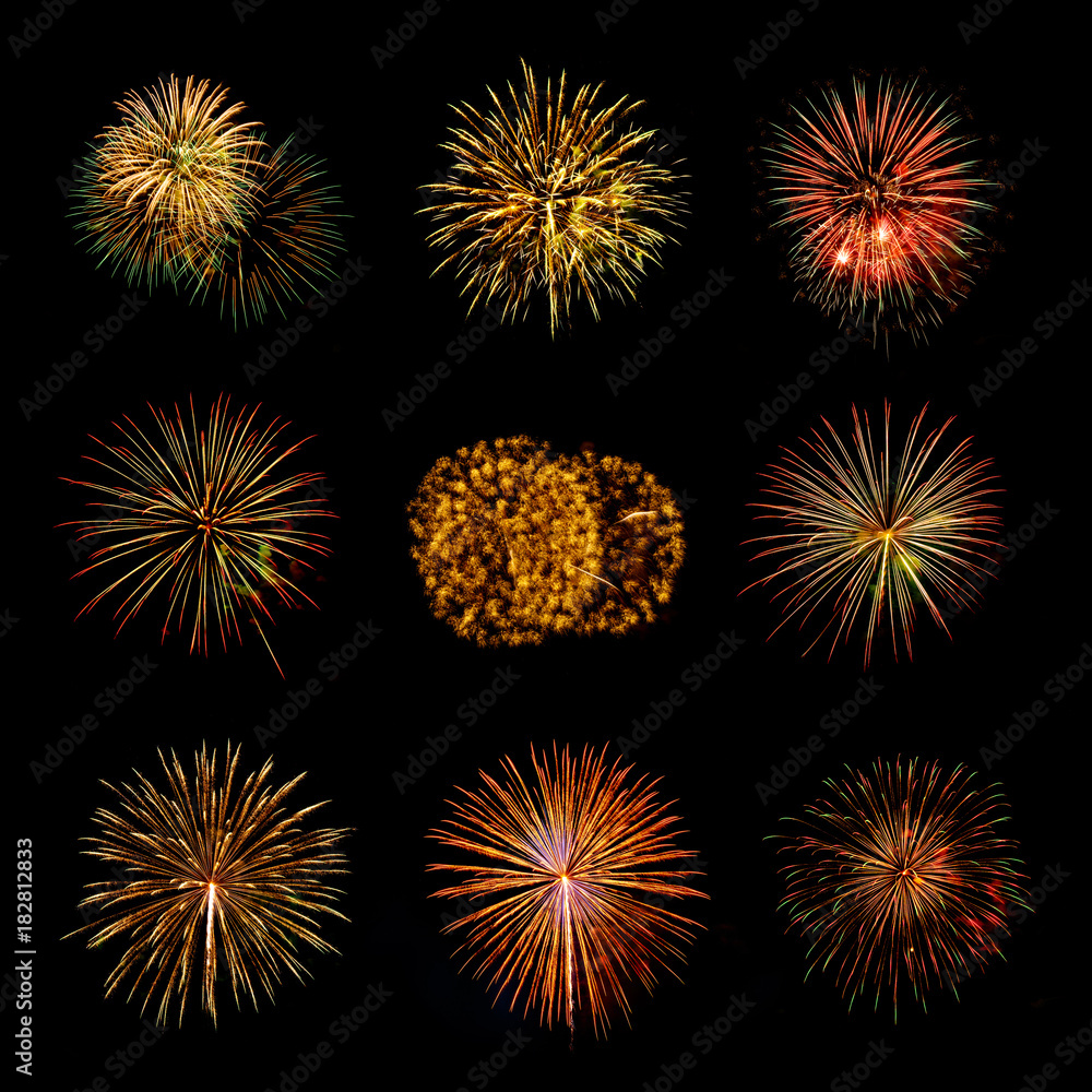 A large Fireworks Display event with Happy New Year, Brightly colorful fireworks on black background, fireworks festival A large Fireworks Display event with Happy New Year, Brightly colorful fireworks on black background, fireworks festival