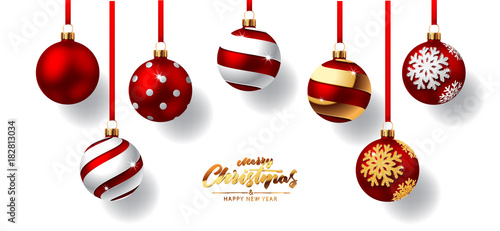 Christmas balls with red ribbon photo