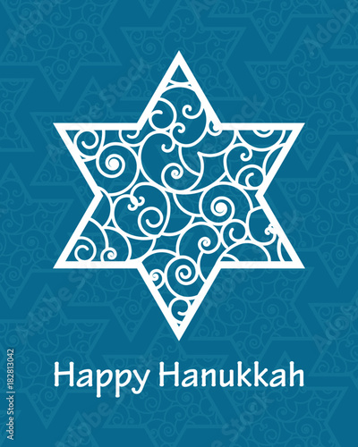 Hanukkah greeting card template. Hand drawn David star with swirl pattern and lettering Happy Hanukkah on blue patterned background. Elegant vector design for holiday cards, banners, flyers.