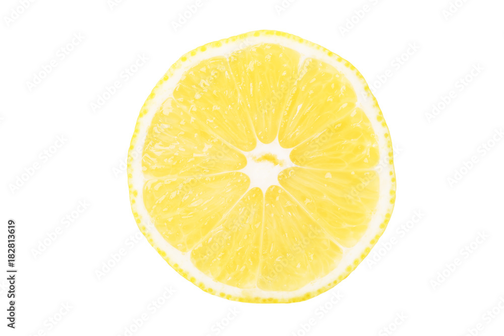 Textured ripe slice of yellow lemon citrus fruit isolated on white background, top view