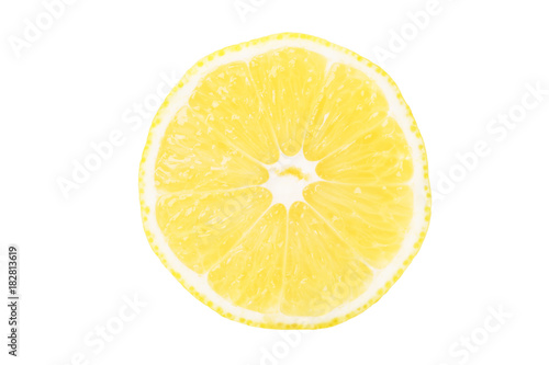 Textured ripe slice of yellow lemon citrus fruit isolated on white background, top view