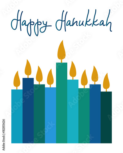 Happy Hanukkah greeting card template. Colorful candles with handwritten lettering on white background. Simple vector design for holiday cards, backgrounds, banners, flyers.