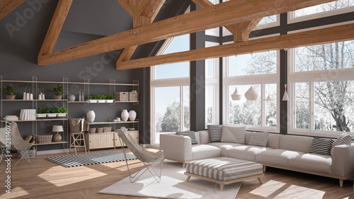 Living room of luxury eco house, parquet floor and wooden roof trusses, panoramic window on winter meadow, modern white and gray interior design © ArchiVIZ