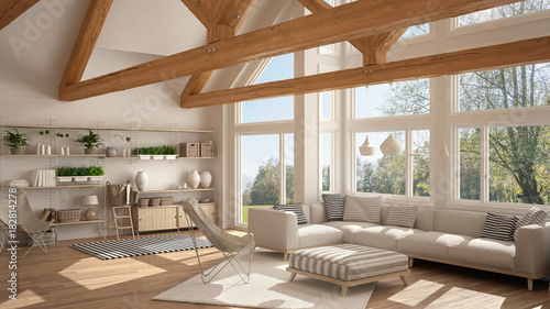 Living room of luxury eco house, parquet floor and wooden roof trusses, panoramic window on summer spring meadow, modern white interior design