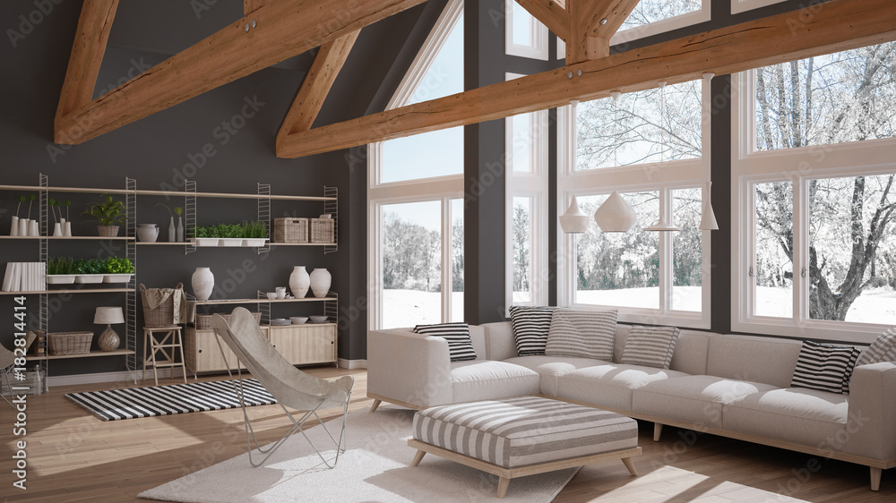 View of Living room of luxury eco house, parquet floor and wooden roof trusses ...