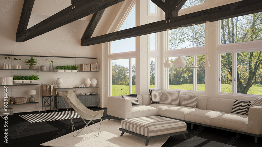 Living room of luxury eco house, parquet floor and wooden roof trusses, panoramic window on summer spring meadow, modern white and gray interior design - obrazy, fototapety, plakaty 