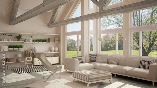 Fototapeta Naklejka Na Ścianę i Meble -  Living room of luxury eco house, parquet floor and wooden roof trusses, panoramic window on summer spring meadow, modern white interior design