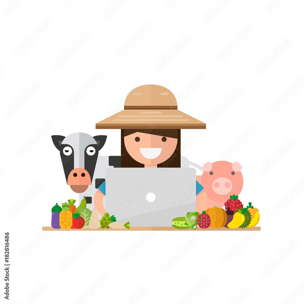 Naklejka premium Sell concept with women farmer And laptop. Vegetable Fruit. Happy Farmer fresh natural products. Vector illustration in a flat style.