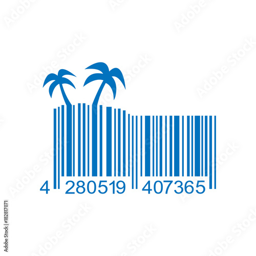 Icono plano codigo de barras palmeras en isla azul en fondo blanco