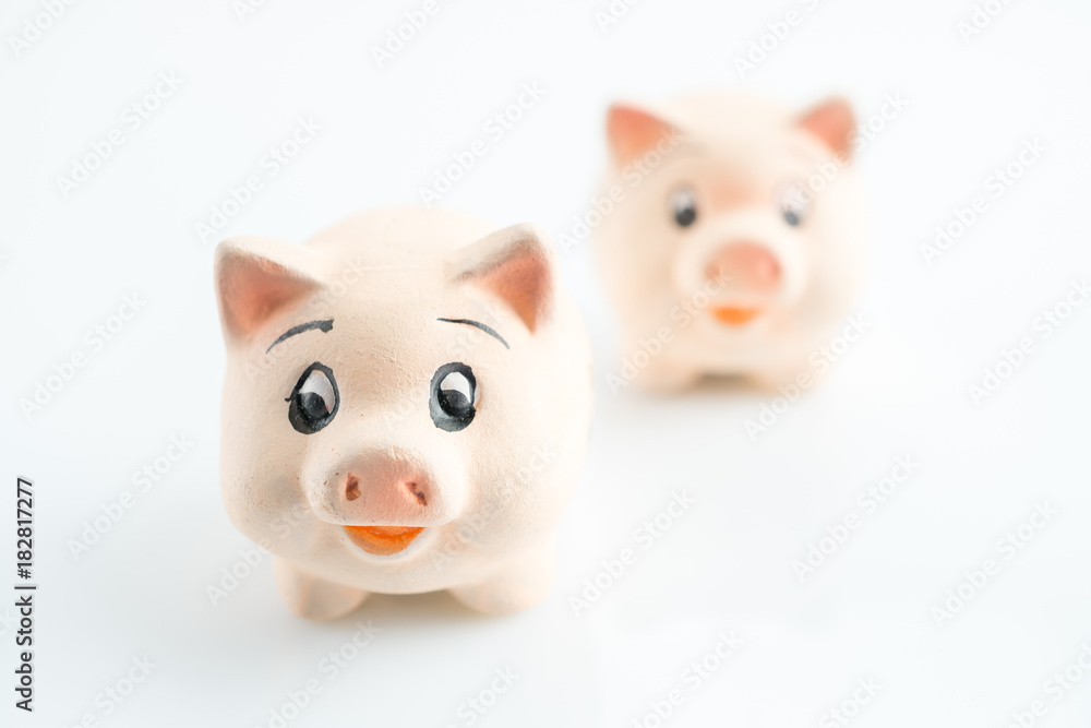 Two lucky pigs on a white background, selected focus and copy space Two lucky pigs on a white background, selected focus and copy space