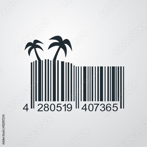 Icono plano codigo de barras palmeras en isla en fondo degradado