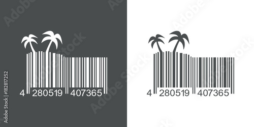 Icono plano codigo de barras palmeras en isla gris y blanco