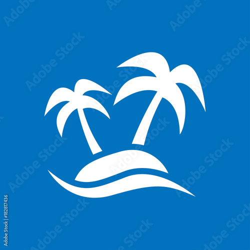 Icono plano palmeras en isla blanco en fondo azul