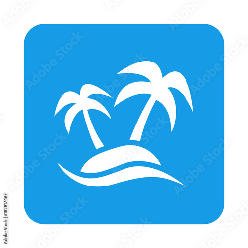 Icono plano palmeras en isla en cuadrado azul