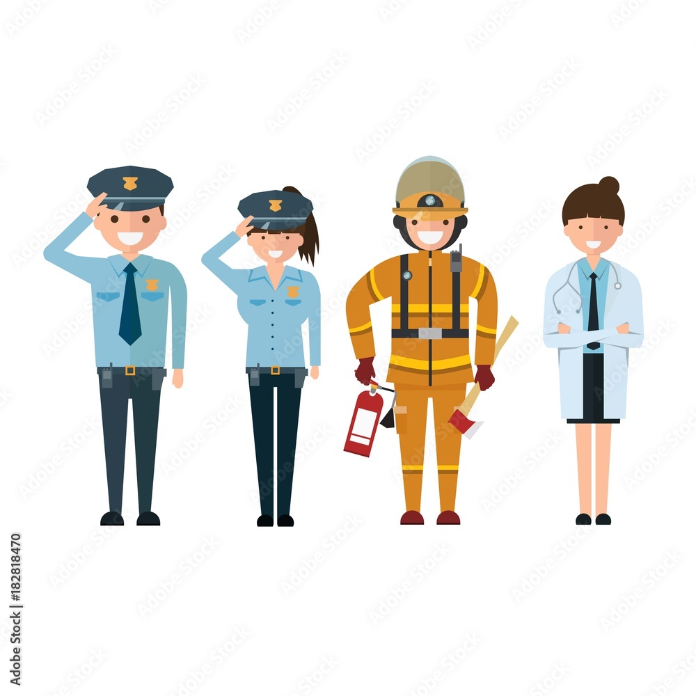 Police firefighter and doctor in cartoon style Isolated on white background. Police firefighter and doctor in cartoon style Isolated on white background.
