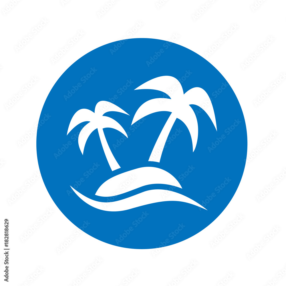 Icono plano palmeras en isla en circulo azul