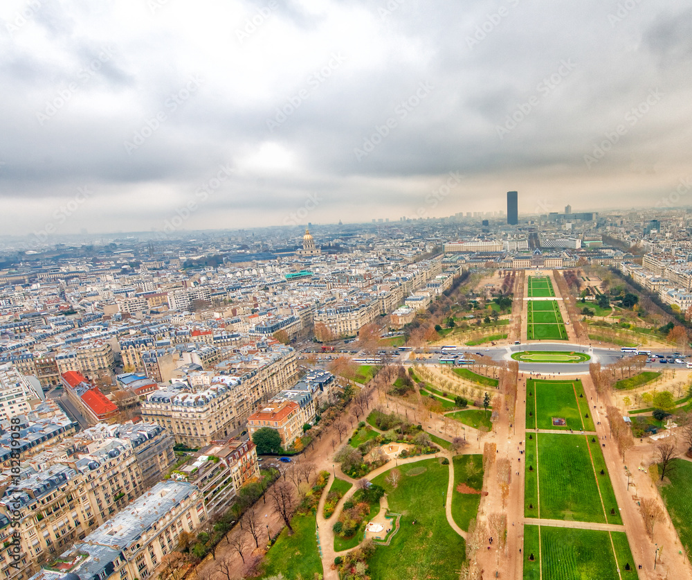 Paris aerial skyline with Champs de Mars on a cloudy winter day,