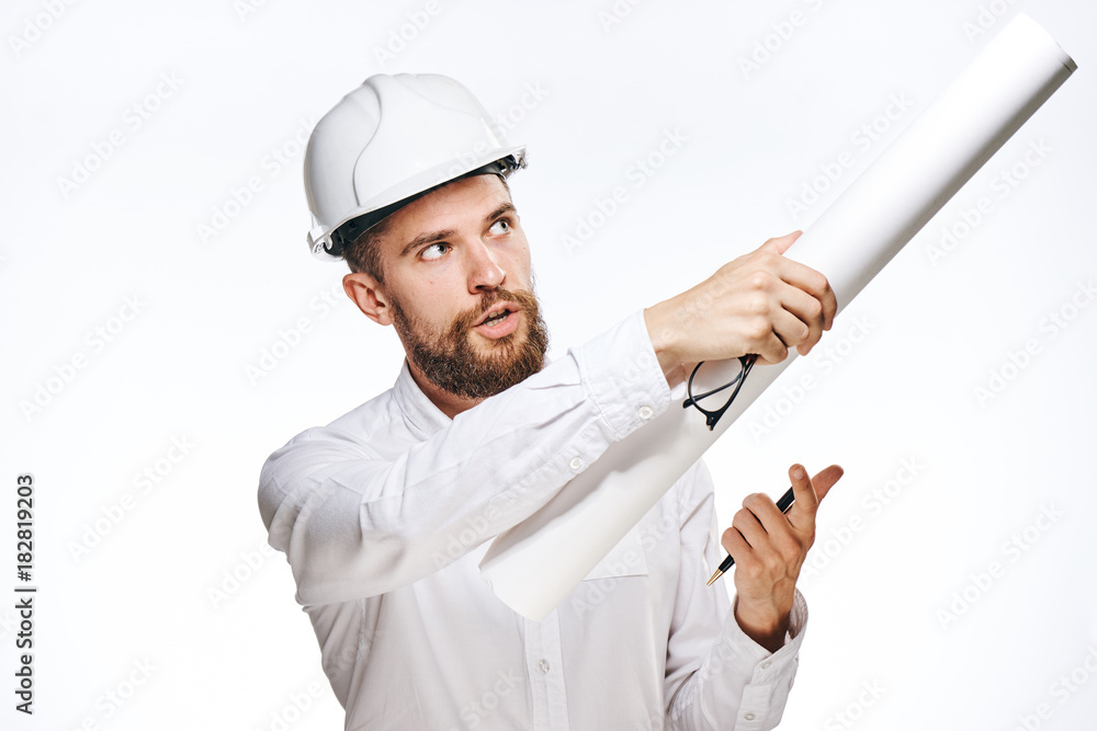 Engineer in helmet, construction helmet, engineer with drawing on isolated background, drawing Engineer in helmet, construction helmet, engineer with drawing on isolated background, drawing