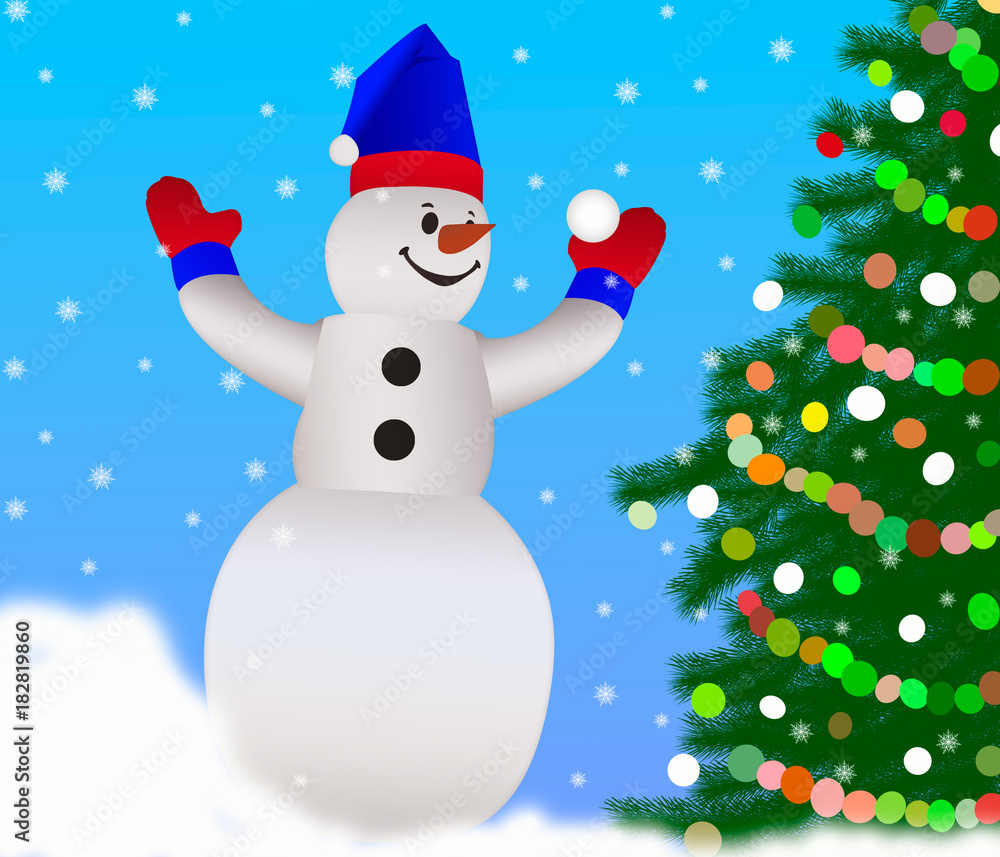 Cheerful snowman with Christmas tree in the background. Greeting card