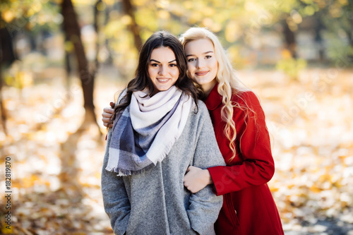 Full length portrait of a young woman posing with girlfriend in autumn park