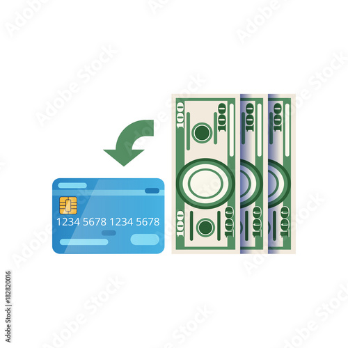 Replenishment of plastic card. Illustration of credit or debit card and paper money. Flat vector design isolated on white