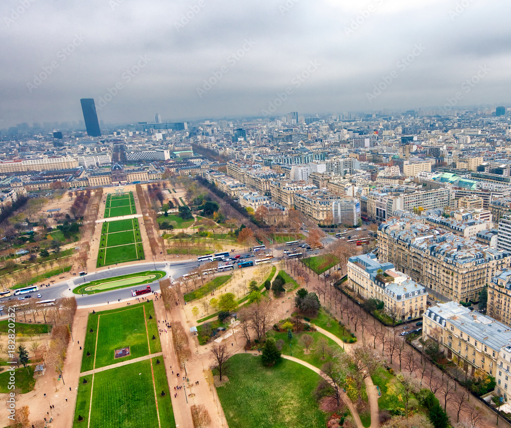 Paris aerial skyline with Champs de Mars on a cloudy winter day, France