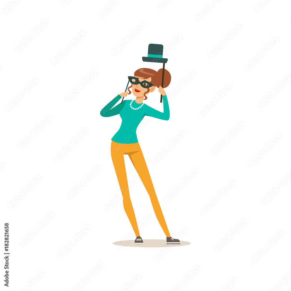 Illustration of beautiful girl with mask and hat on stick. Masquerade party. Female character in turquoise sweater and yellow pants. Cartoon flat vector design Illustration of beautiful girl with mask and hat on stick. Masquerade party. Female character in turquoise sweater and yellow pants. Cartoon flat vector design