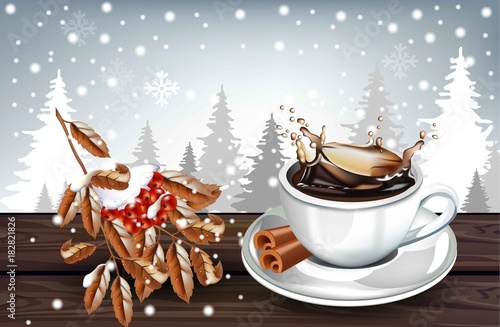 Hot Coffee splash in a white cup on winter background. Vector realistic illus...