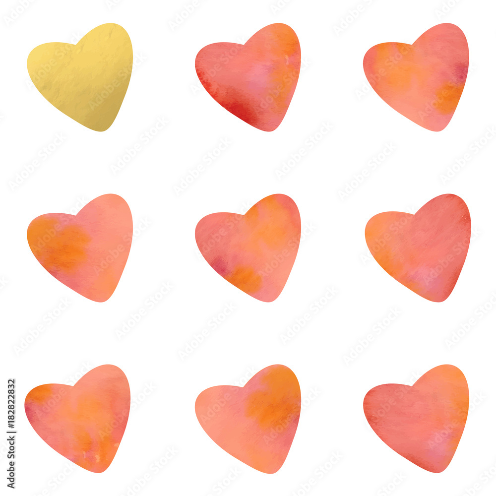 Vector hearts with watercolor and golden texture background.