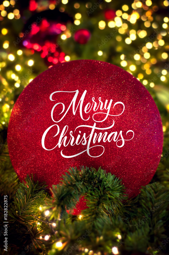 Beautiful christmas tree and Christmas decorations. Happy new year  decoration. Christmas background. Christmas red ball. Christmas decoration.  Christmas tree. Happy New Year Stock Photo | Adobe Stock