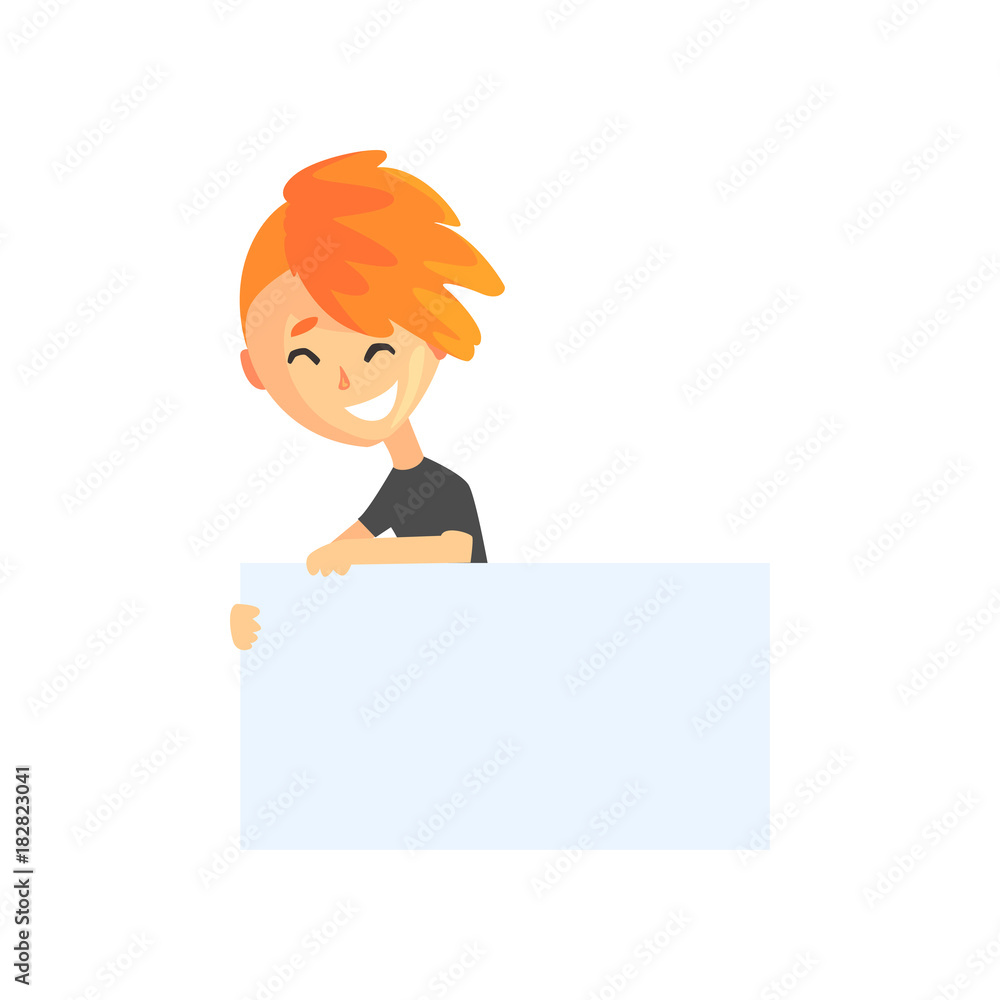 Cartoon teenager boy holding white sign with space for text. Cheerful red-haired kid in black t-shirt. Child showing piece of blank paper. Isolated flat vector Cartoon teenager boy holding white sign with space for text. Cheerful red-haired kid in black t-shirt. Child showing piece of blank paper. Isolated flat vector