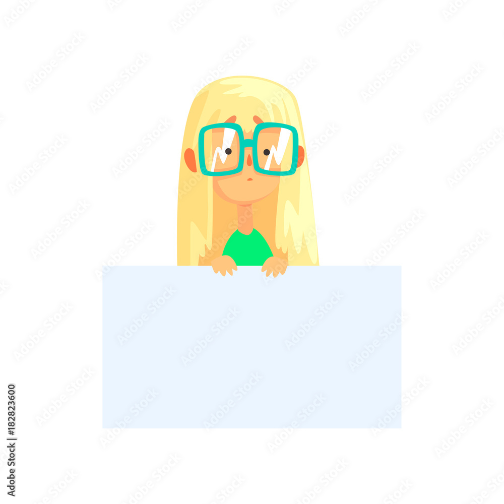 Cartoon girl nerd with blank sheet of paper. Funny female character in  glasses. Child showing banner with place for your message. Flat vector  design Stock Vector | Adobe Stock