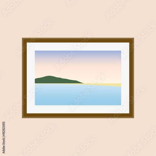 Picture on the wall with sea  mountains  bitch and sky. Vector illustration in flat style.