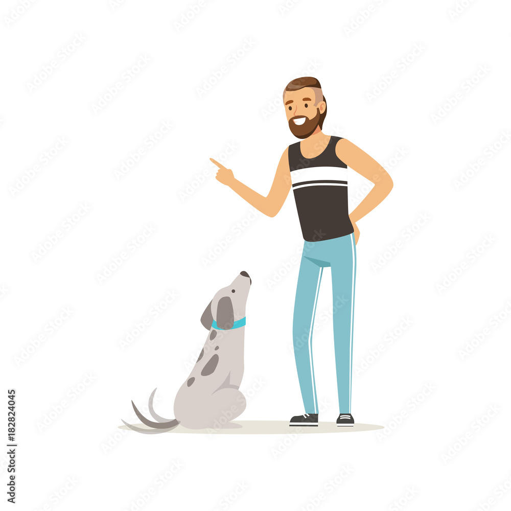 Fototapeta premium Handsome man teaching his dog to sit. Bearded guy character in sport pants and t-shirt. Human s best friends. Domestic animal. Flat design vector