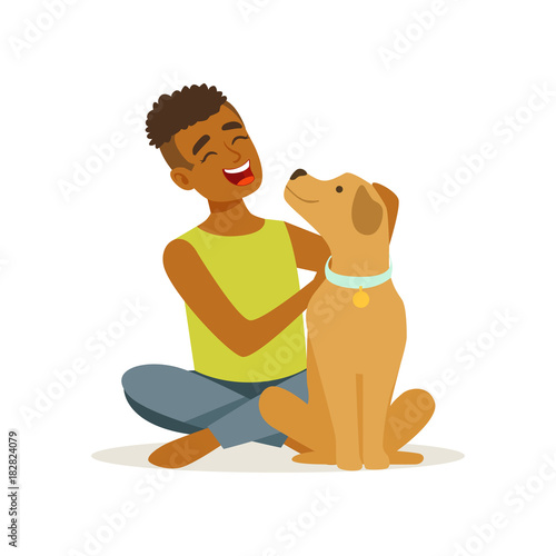 Happy teenager boy stroking friendly brown puppy. Cheerful child character sitting near his pet dog. Domestic animal Human best friend. Flat vector design